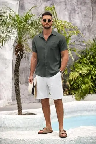 COOFANDY Mens Button Down Short Sleeve Shirt Casual Shirts Summer Beach Textured Shirts with Pocket - 3