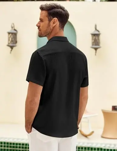 COOFANDY Mens Button Down Short Sleeve Shirt Casual Shirts Summer Beach Textured Shirts with Pocket - 4
