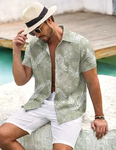 COOFANDY Mens Button Down Short Sleeve Shirt Casual Shirts Summer Beach Textured Shirts with Pocket - 5
