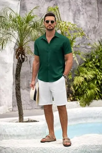 COOFANDY Mens Button Down Short Sleeve Shirt Casual Shirts Summer Beach Textured Shirts with Pocket - 3