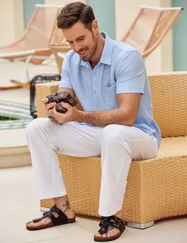 COOFANDY Mens Button Down Short Sleeve Shirt Casual Shirts Summer Beach Textured Shirts with Pocket - 2