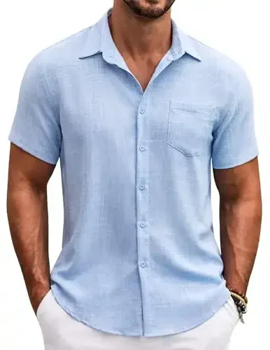 COOFANDY Mens Button Down Short Sleeve Shirt Casual Shirts Summer Beach Textured Shirts with Pocket - 1