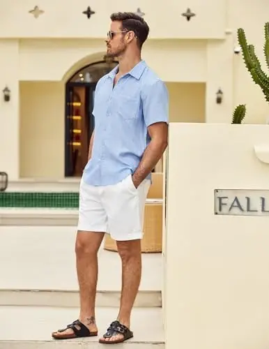 COOFANDY Mens Button Down Short Sleeve Shirt Casual Shirts Summer Beach Textured Shirts with Pocket - 3