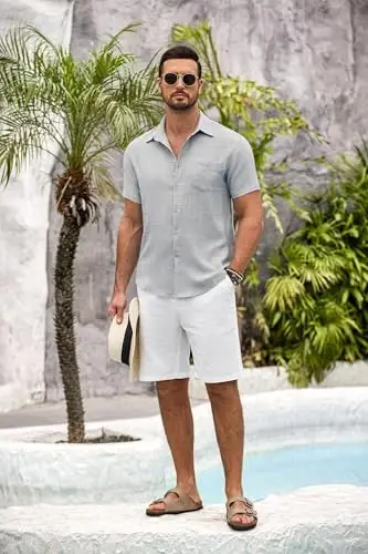 COOFANDY Mens Button Down Short Sleeve Shirt Casual Shirts Summer Beach Textured Shirts with Pocket - 3