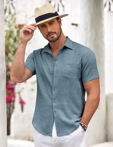 COOFANDY Mens Button Down Short Sleeve Shirt Casual Shirts Summer Beach Textured Shirts with Pocket - 2