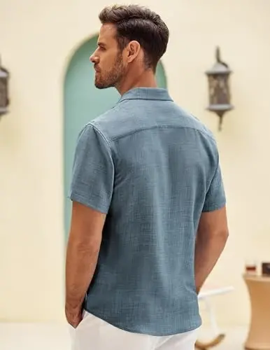 COOFANDY Mens Button Down Short Sleeve Shirt Casual Shirts Summer Beach Textured Shirts with Pocket - 4