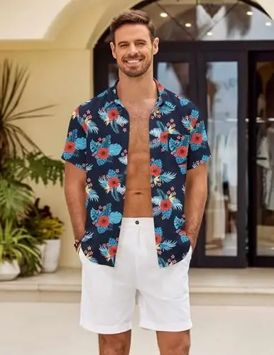 COOFANDY Mens Button Down Short Sleeve Shirt Casual Shirts Summer Beach Textured Shirts with Pocket - 4