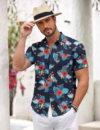 COOFANDY Mens Button Down Short Sleeve Shirt Casual Shirts Summer Beach Textured Shirts with Pocket - 5