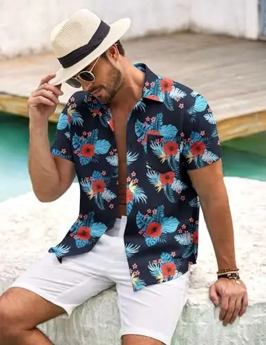 COOFANDY Mens Button Down Short Sleeve Shirt Casual Shirts Summer Beach Textured Shirts with Pocket - 2