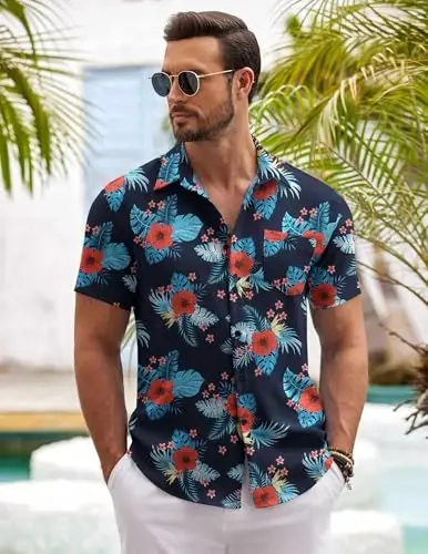 COOFANDY Mens Button Down Short Sleeve Shirt Casual Shirts Summer Beach Textured Shirts with Pocket - 3