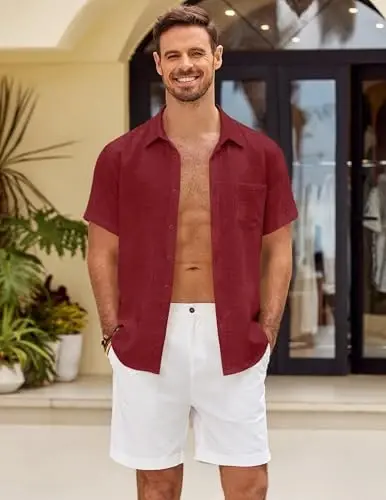 COOFANDY Mens Button Down Short Sleeve Shirt Casual Shirts Summer Beach Textured Shirts with Pocket - 3