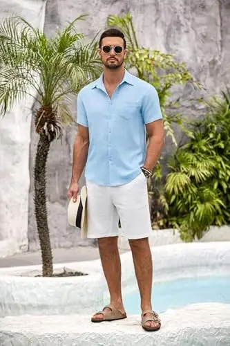 COOFANDY Mens Button Down Short Sleeve Shirt Casual Shirts Summer Beach Textured Shirts with Pocket - 4