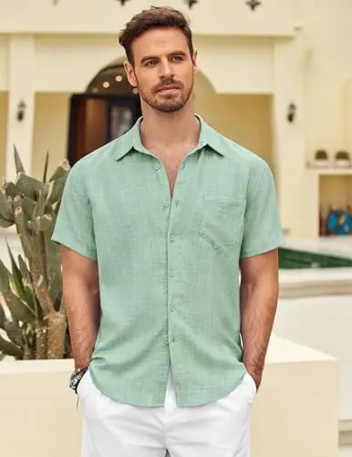 COOFANDY Mens Button Down Short Sleeve Shirt Casual Shirts Summer Beach Textured Shirts with Pocket - 2