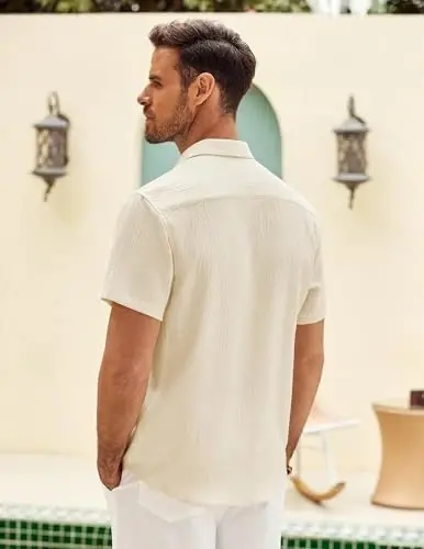 COOFANDY Mens Button Down Short Sleeve Shirt Casual Shirts Summer Beach Textured Shirts with Pocket - 4