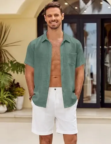 COOFANDY Mens Button Down Short Sleeve Shirt Casual Shirts Summer Beach Textured Shirts with Pocket - 3