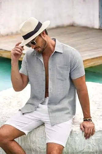 COOFANDY Mens Button Down Short Sleeve Shirt Casual Shirts Summer Beach Textured Shirts with Pocket - 2