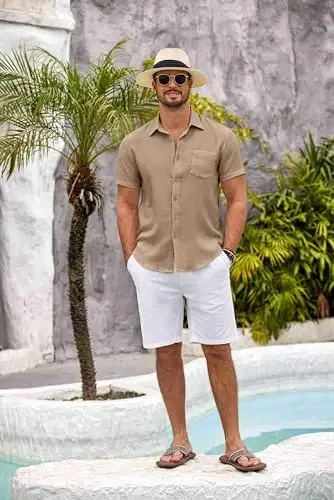 COOFANDY Mens Button Down Short Sleeve Shirt Casual Shirts Summer Beach Textured Shirts with Pocket - 4
