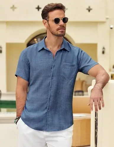 COOFANDY Mens Button Down Short Sleeve Shirt Casual Shirts Summer Beach Textured Shirts with Pocket - COOFANDY (1)