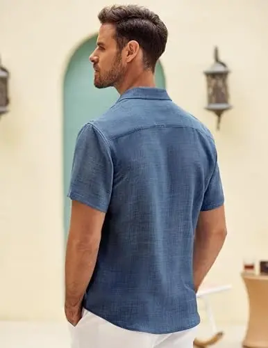 COOFANDY Mens Button Down Short Sleeve Shirt Casual Shirts Summer Beach Textured Shirts with Pocket - 4