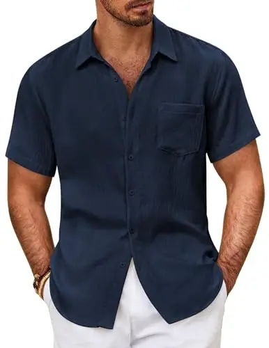 COOFANDY Mens Button Down Short Sleeve Shirt Casual Shirts Summer Beach Textured Shirts with Pocket - 1