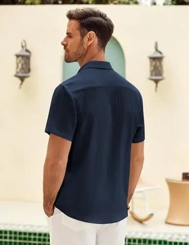COOFANDY Mens Button Down Short Sleeve Shirt Casual Shirts Summer Beach Textured Shirts with Pocket - 4