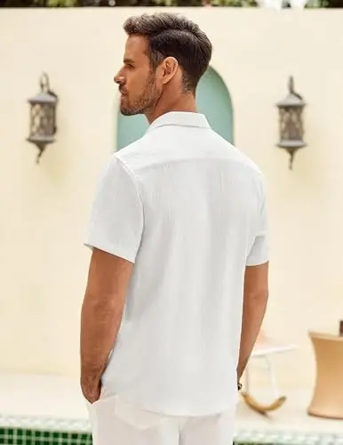COOFANDY Mens Button Down Short Sleeve Shirt Casual Shirts Summer Beach Textured Shirts with Pocket - 4