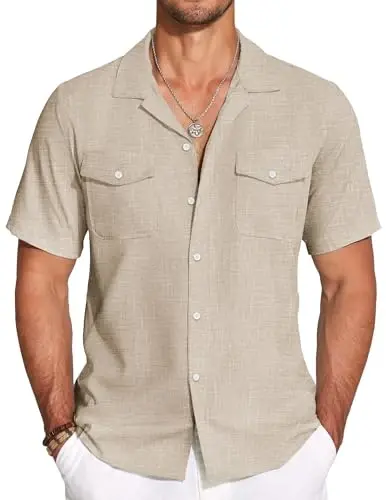 COOFANDY Men's Linen Short Sleeve Button Down Shirt Casual Cuban Collar Summer Beach Shirts Vacation Essentials - MODAZONE