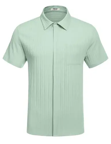 COOFANDY Men's Casual Button Down Shirts Short Sleeve Textured Summer Beach Shirt with Pocket - 2