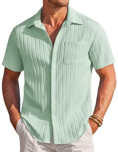 COOFANDY Men's Casual Button Down Shirts Short Sleeve Textured Summer Beach Shirt with Pocket - 1