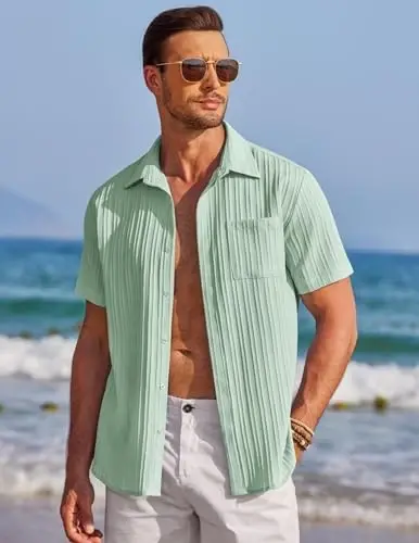 COOFANDY Men's Casual Button Down Shirts Short Sleeve Textured Summer Beach Shirt with Pocket - 6