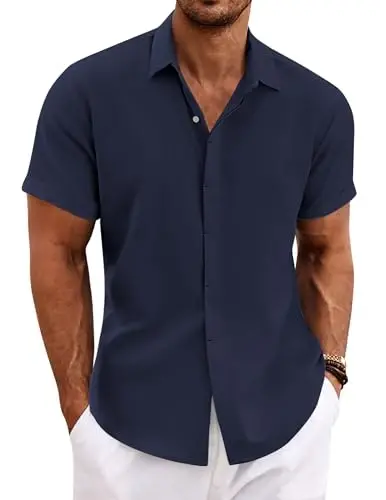 COOFANDY Men's Linen Shirts Short Sleeve Casual Shirts Button Down Shirt for Men Beach Summer Wedding Shirt - 1