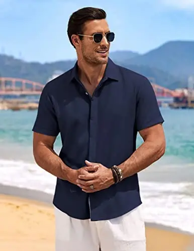 COOFANDY Men's Linen Shirts Short Sleeve Casual Shirts Button Down Shirt for Men Beach Summer Wedding Shirt - 2