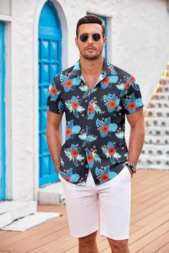 COOFANDY Men's Casual Button Down Shirts Short Sleeve Textured Summer Beach Shirt with Pocket - 2