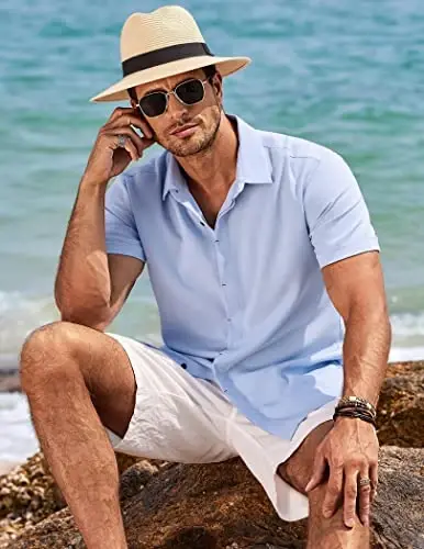 COOFANDY Men's Linen Shirts Short Sleeve Casual Shirts Button Down Shirt for Men Beach Summer Wedding Shirt - 4