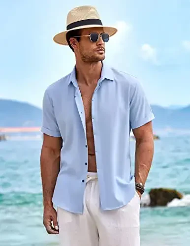 COOFANDY Men's Linen Shirts Short Sleeve Casual Shirts Button Down Shirt for Men Beach Summer Wedding Shirt - 3