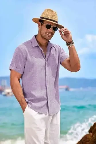 COOFANDY Men's Linen Shirts Short Sleeve Casual Shirts Button Down Shirt for Men Beach Summer Wedding Shirt - 4