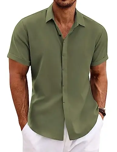 COOFANDY Men's Linen Shirts Short Sleeve Casual Shirts Button Down Shirt for Men Beach Summer Wedding Shirt 