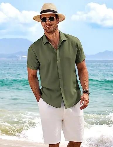 COOFANDY Men's Linen Shirts Short Sleeve Casual Shirts Button Down Shirt for Men Beach Summer Wedding Shirt - 2