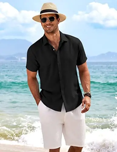 COOFANDY Men's Linen Shirts Short Sleeve Casual Shirts Button Down Shirt for Men Beach Summer Wedding Shirt - 2