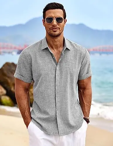 COOFANDY Men's Linen Shirts Short Sleeve Casual Shirts Button Down Shirt for Men Beach Summer Wedding Shirt - 3