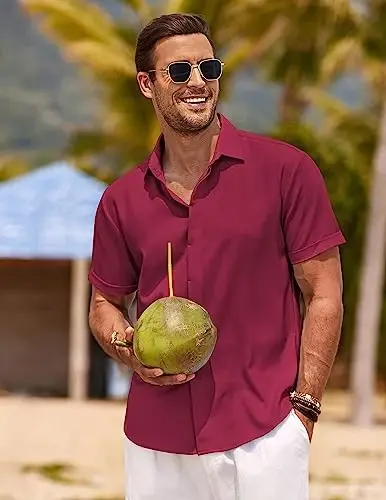 COOFANDY Men's Linen Shirts Short Sleeve Casual Shirts Button Down Shirt for Men Beach Summer Wedding Shirt - 2