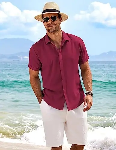 COOFANDY Men's Linen Shirts Short Sleeve Casual Shirts Button Down Shirt for Men Beach Summer Wedding Shirt - 3