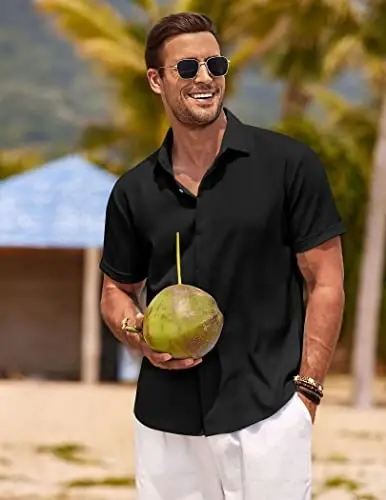 COOFANDY Men's Linen Shirts Short Sleeve Casual Shirts Button Down Shirt for Men Beach Summer Wedding Shirt - 4