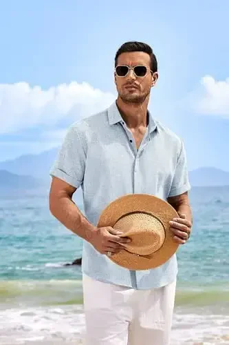 COOFANDY Men's Linen Shirts Short Sleeve Casual Shirts Button Down Shirt for Men Beach Summer Wedding Shirt - 4