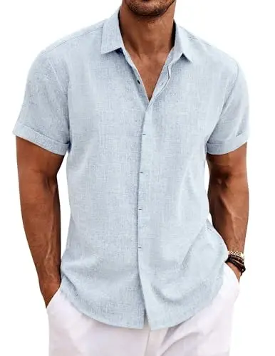 COOFANDY Men's Linen Shirts Short Sleeve Casual Shirts Button Down Shirt for Men Beach Summer Wedding Shirt 