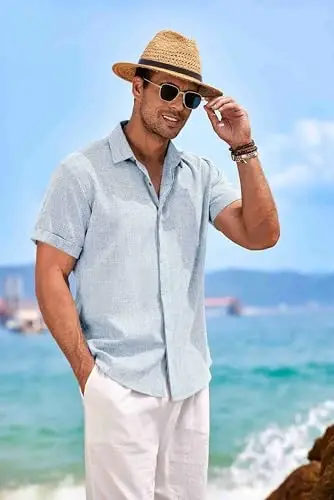 COOFANDY Men's Linen Shirts Short Sleeve Casual Shirts Button Down Shirt for Men Beach Summer Wedding Shirt - 2