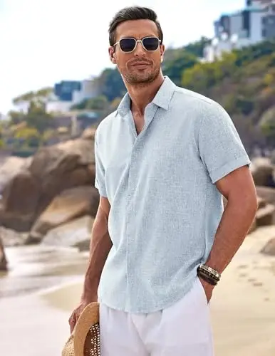 COOFANDY Men's Linen Shirts Short Sleeve Casual Shirts Button Down Shirt for Men Beach Summer Wedding Shirt - 3