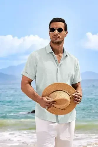 COOFANDY Men's Linen Shirts Short Sleeve Casual Shirts Button Down Shirt for Men Beach Summer Wedding Shirt - 2