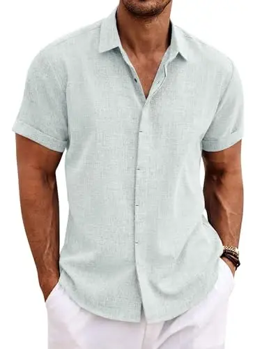 COOFANDY Men's Linen Shirts Short Sleeve Casual Shirts Button Down Shirt for Men Beach Summer Wedding Shirt - COOFANDY