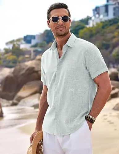 COOFANDY Men's Linen Shirts Short Sleeve Casual Shirts Button Down Shirt for Men Beach Summer Wedding Shirt - 4